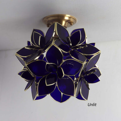 Bieye L11021 Flower Petals Tiffany Style Stained Glass Close to Ceiling Light for Home Decor (Cobalt Blue, 12" Rose Lily)