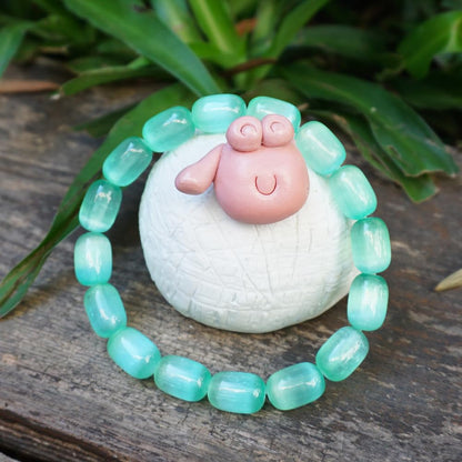 TaHLga Natural Selenite Crystal Bracelet for Women Men | 8x12mm Green Plated Cylinder Beads | Authentic Stone with Leather Pouch, Gift Box & Repair Kit | Fits 7.5 inch Wrist