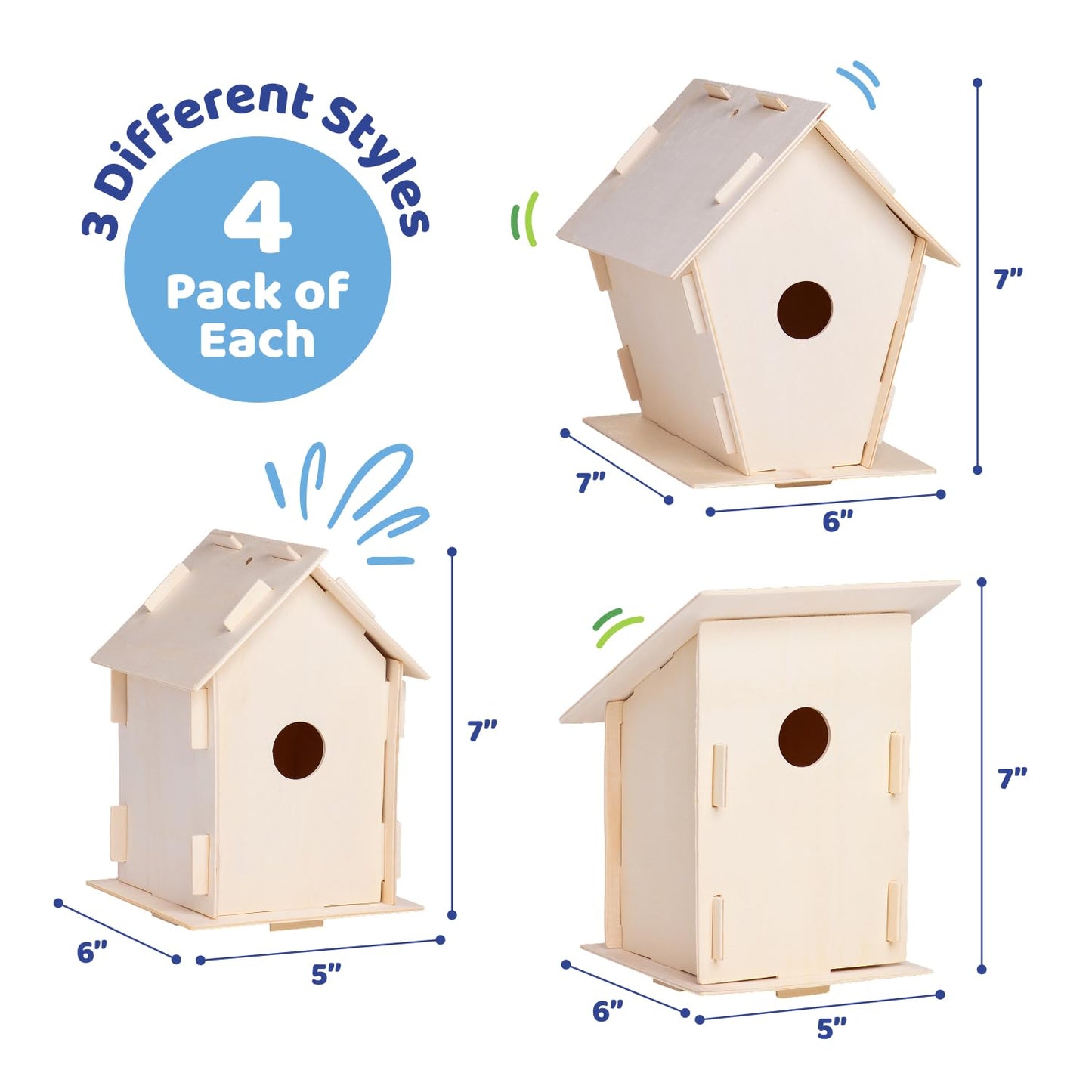 Neliblu DIY 12 Wooden Bird House Kits - Creative Arts and Crafts Set for Kids and Adults - Unfinished Wood Birdhouses with Paint Strips, Brushes, Stickers and Strings - 3 Unique Shapes, 2 Sizes