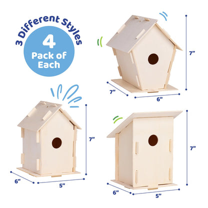 Neliblu DIY 12 Wooden Bird House Kits - Creative Arts and Crafts Set for Kids and Adults - Unfinished Wood Birdhouses with Paint Strips, Brushes, Stickers and Strings - 3 Unique Shapes, 2 Sizes