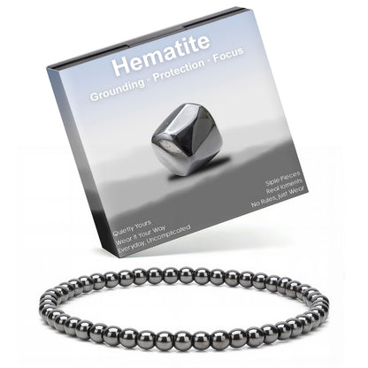 Risyfjew 4MM Handmade Hematite Natural Gemstone Stretch Elastic Bracelet,PE Film Anti-oxidation Packaging Natural Stone Crystal Healing Power Energy Gifts for Adult