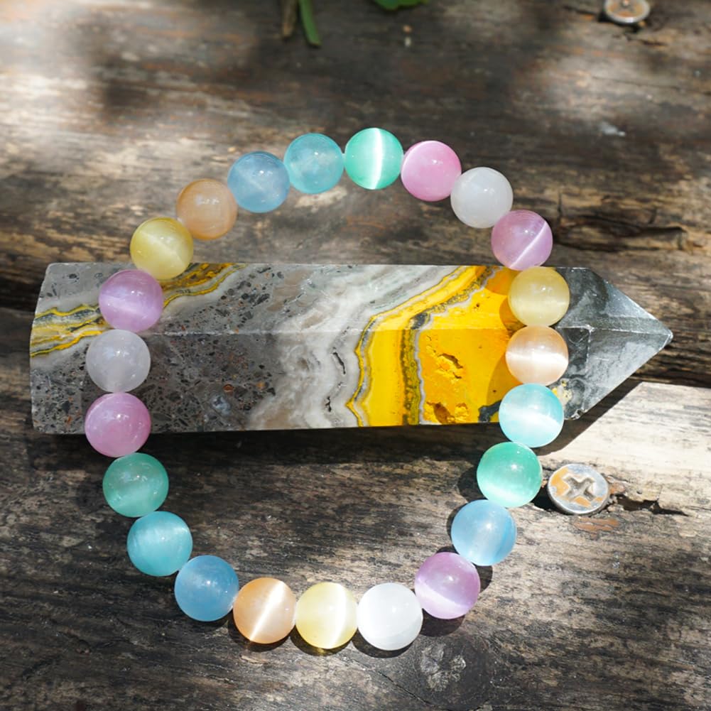 TaHLga 8mm Rainbow Selenite Bracelet - Iridescent Natural Crystal | Handmade Meditation Bracelet with Cat-Eye Effect | Come with Beading Tool Kit - Adjustable to 6.5-7.5 inches Wrist Size