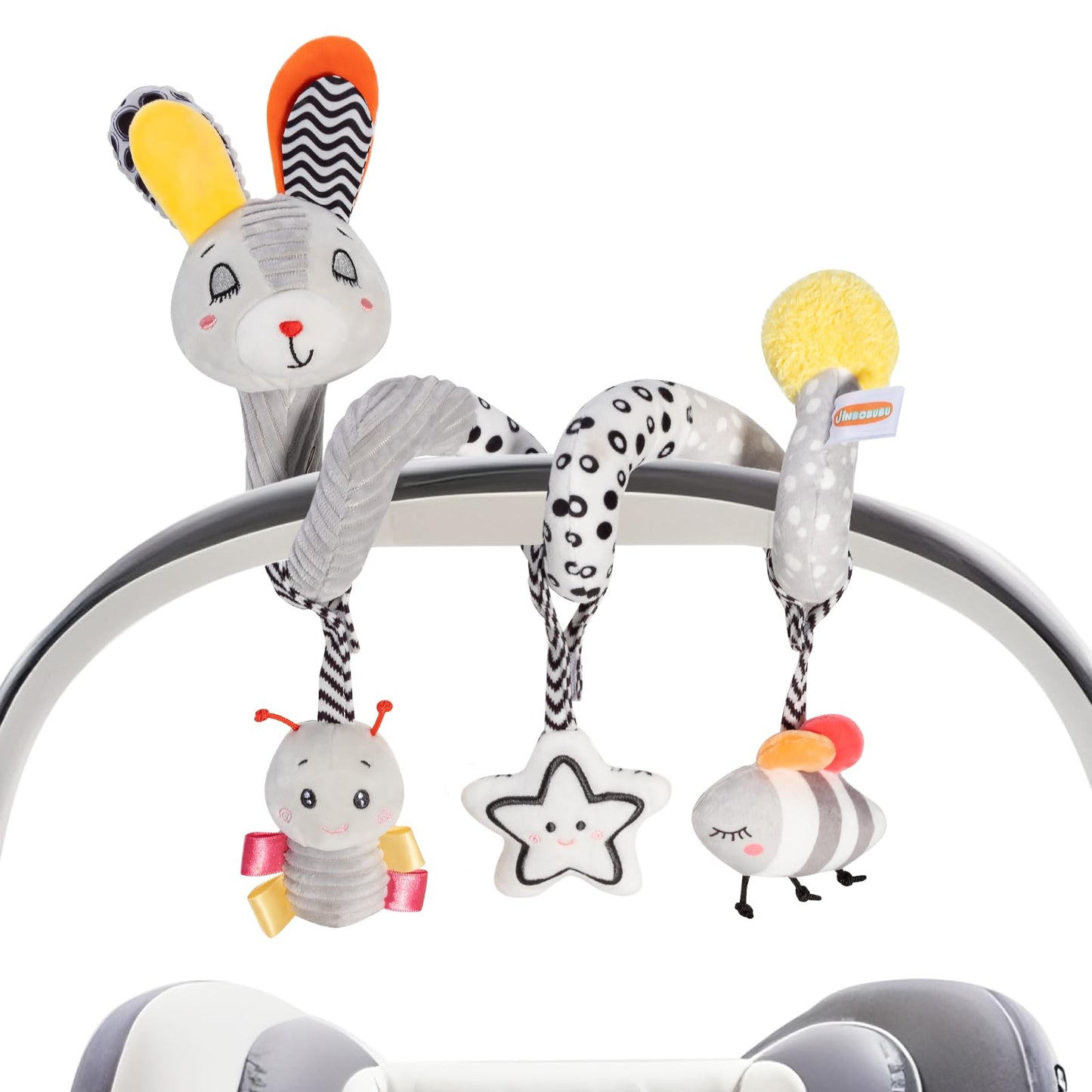 JINBOBUBU Baby Spiral Activity Toy, Stroller & Car Seat Hanging Toy for 0-12 Months, High Contrast Newborn Sensory Toy with Rattle & Crinkle Paper, Infant Travel Plush Toy for Crib Bassinet