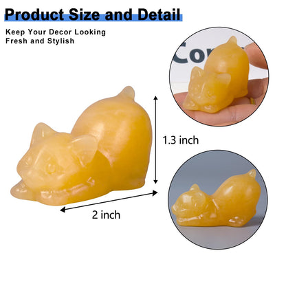 2 Inch Yellow Calcite Cat Crystal Figurines, Cute Kitten Statues for Kitten Lovers and Collectibles, Cat Decor Fingurines for Home Desk Office, Carved Healing Crystal Reiki Animal Gifts for Women