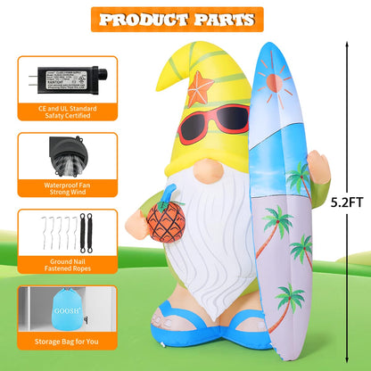 GOOSH 5.2 FT Summer Inflatables Hawaii Gnome Decorations Outdoor Blow Up Yard with Surfboard&Pineapple Built-in LEDs for Garden Lawn Indoor Party Beach Decor