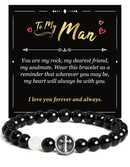 Landorilo Gifts for Men, 8mm Cross Natural Stone Beaded Bracelets, Black Tourmaline Healing Bracelet, Handmade Mens Jewelry Gift for Him, Husband, Son, Father, Friend(To My Son-8.3in)