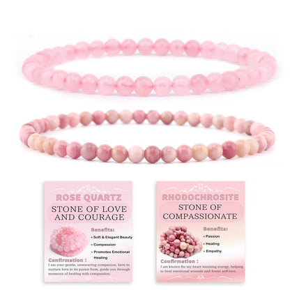 NCB 2-Piece 4mm Natural Crystal Gemstone Stretch Bracelets – ﻿Pink Quartz, Rhodochrosite Handmade Reiki Energy Healing Jewelry for Meditation,Yoga, Unisex