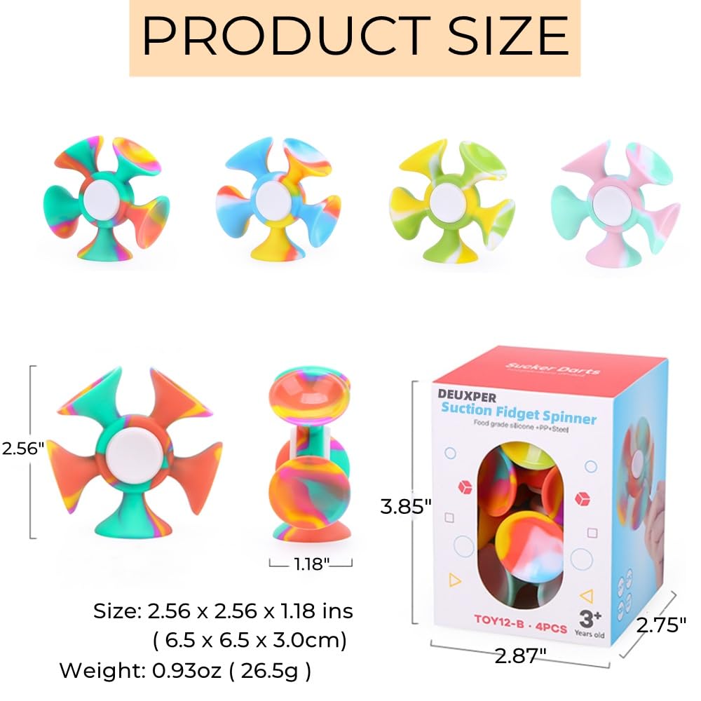 4 Pack Fidget Spinner with Suction Cup - Safe and Soft Sensory Anxiety Relief Toy for Adults and Kids 8-12 | Perfect Suction Dart Target Game, Classroom Focus Tool & Party Favors
