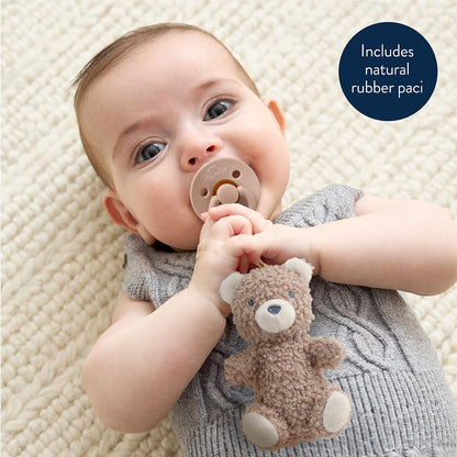 Itzy Ritzy Pacifier & Lovey Set – Natural Rubber Paci with Stuffed Animal Lovey – Detachable Plush Bear Pacifier Holder & Coordinating Natural Rubber Soother, Ideal for Ages 0-6 Months (Bear)