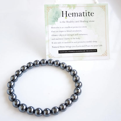 Handmade Natural Gemstone Elastic Bracelet - Healing Crystal Beads Jewelry, Unisex (Hematite, 8mm)