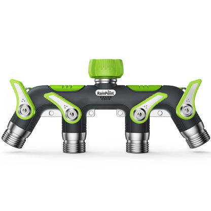 RAINPOINT 4 Way Garden Hose Splitter, 100% Metal Heavy Duty Water Hose Splitter with Individual Shut-Off Valves, 3/4" GHT High Flow Outdoor Faucet Splitter, 1.81" Extra Long Handle (Green)