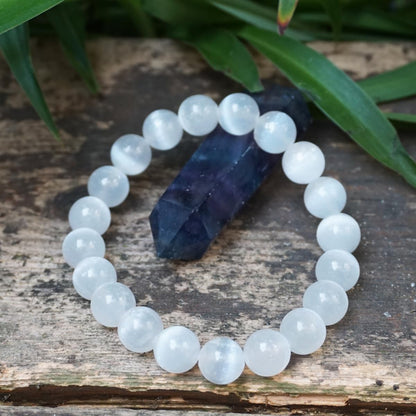 8MM Selenite Bracelets for Women Negative Energy Shield | Natural Cats Eye | Beautiful Crystal Jewelry to Cleanse and Charge Energy & Power | Must Have for Meditation