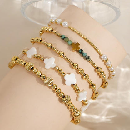 SHINUS BOHO Cross Clover Pearl Gold Beaded Bracelet Stack for Women,5PCS Dainty Handmade Boho Gold Plated Latern Beads Stackable Bracelets Set Fashion Prom Holiday Accessories Jewelry Gift Friendship