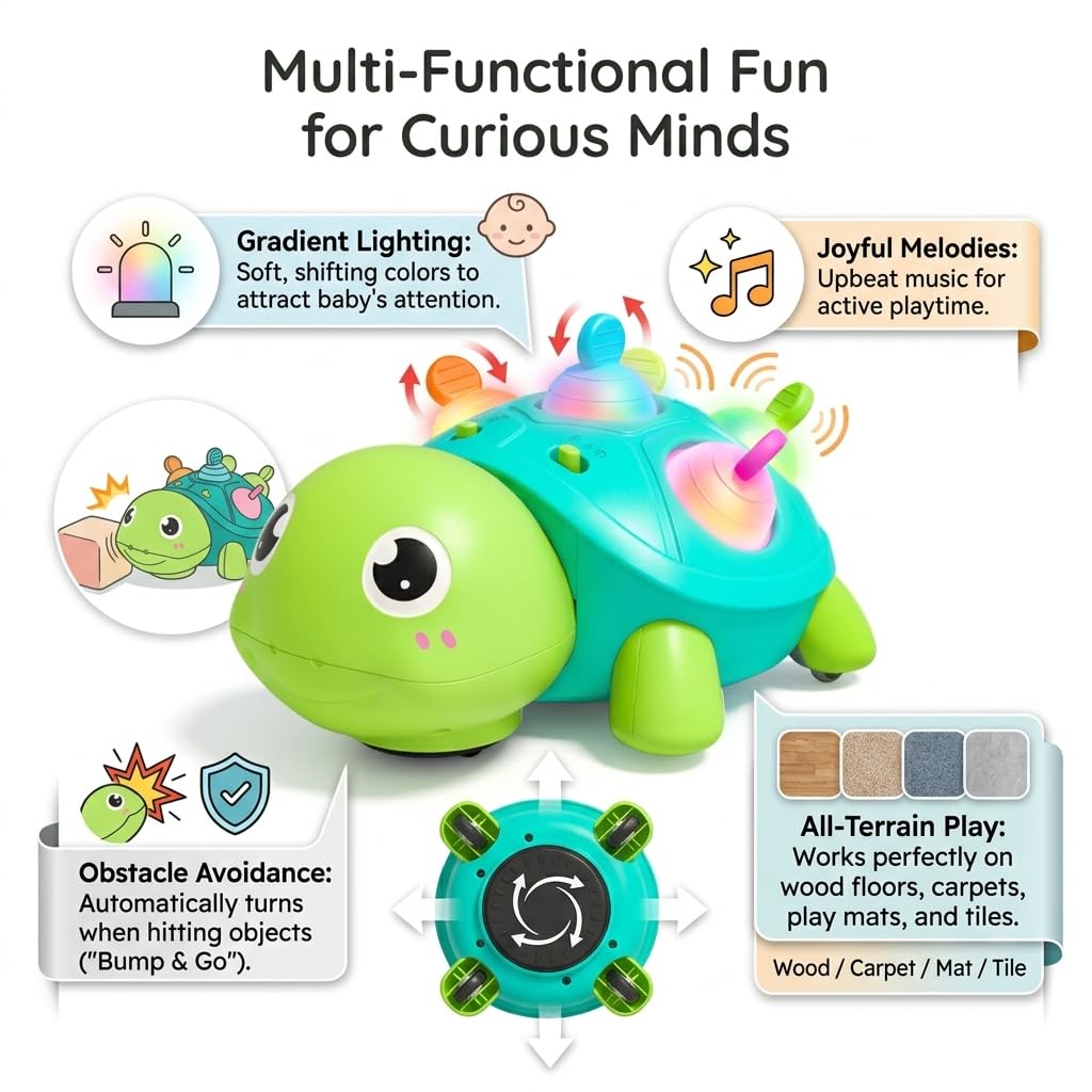 SOSUSHOE 3-in-1 Musical Crawling Turtle Baby Toy - Tummy Time Toy with Smart Obstacle Avoidance, Push-and-Pop Sensory Shell & Sleep Soothing, Baby Infant Toys for 0-12 Months