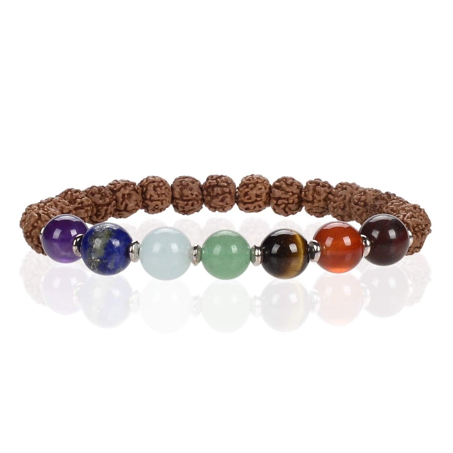 Cherry Tree Collection Chakra Stretch Bracelet | Genuine Natural 8mm Gemstones Beads, Silver Spacers | Men/Women (Rudraksha - Large)