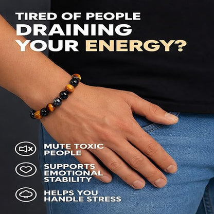 Handmade Triple Protection Bracelet – Tiger Eye, Hematite & Obsidian 8mm Natural Crystal Beads, Healing Natural Stones for Strength, Energy & Balance, Men & Women, 7.48 Inches – Supports Chakra Healing