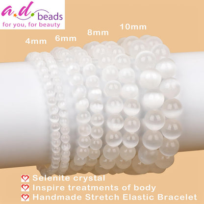 AD Beads Handmade Gemstone Stretch Elastic Bracelet Crystal Healing Reiki Nature's Beauty and Spiritual Essence Unisex (6mm, Selenite Crystal (Inspire Treatments))