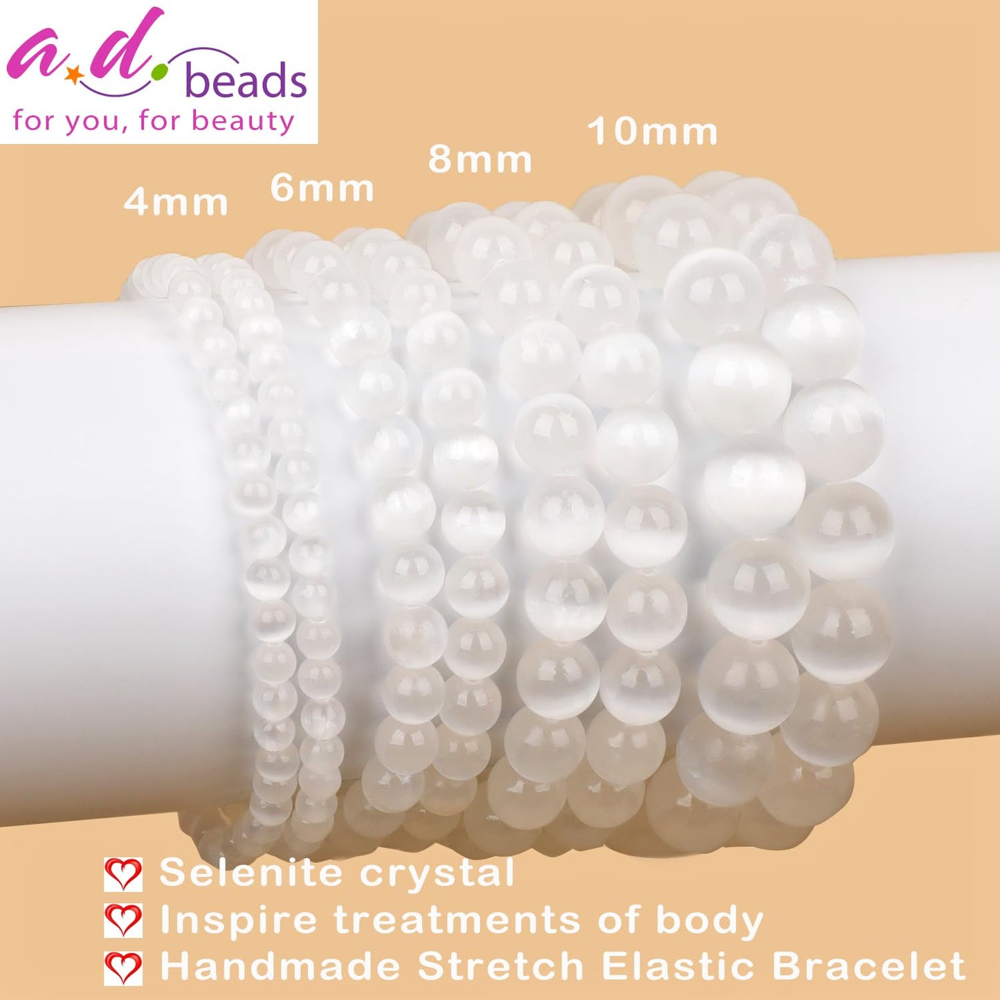 AD Beads Handmade Gemstone Stretch Elastic Bracelet Crystal Healing Reiki Nature's Beauty and Spiritual Essence Unisex (8mm, Selenite Crystal (Inspire Treatments))