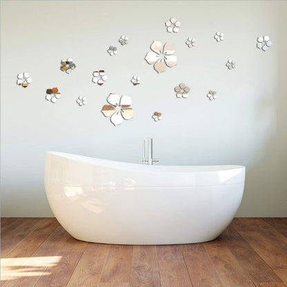 18pcs Acrylic Mirror Wall Sticker Decal for Home Living Room Bedroom Decor 3D Flower DIY Wall Decoration Silver