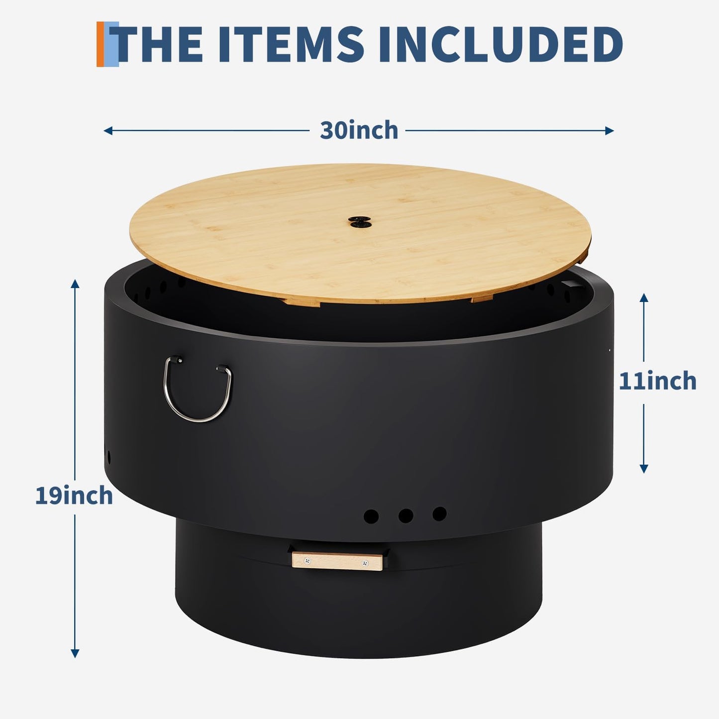GarveeLife 30 Inch Smokeless Fire Pit, Outdoor Firepit Table with Removable Ash Pan, Bamboo Lid, Portable Carbon Steel Firepit for Outside, Backyard, Camping, Picnic, Black
