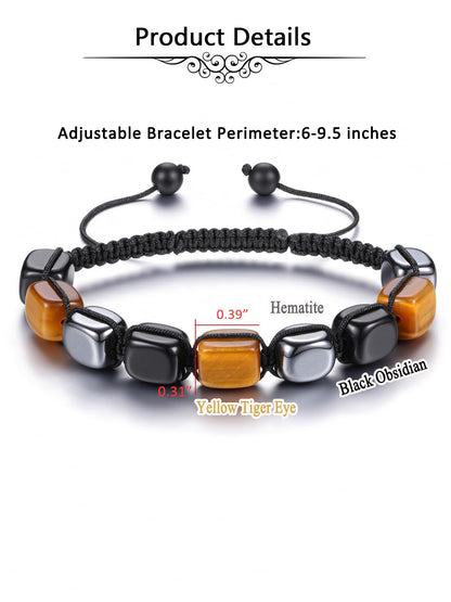 Jovivi Mens Healing Crystal Black Obsidian Tigers Eye Hematite Beaded Bracelet Natural Stone Beads Bracelet Triple Protection Jewelry Gifts for Men Women Reiki Yoga Energy Balancing