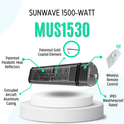SunWave 1500 Watt Electric Infrared Patio Heater, Wall Mounted Patio Heater, Outdoor/Indoor Infrared Heater With 5 Heat Settings Wireless Remote