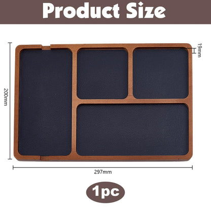 HOBBIESAY Wooden Valet Tray with PU Leather Inlay Wood Storage Organizer Tray with 4 Compartment Nightstand Desktop Storage Organizer for Phone Earbud Key Jewelry Table Organizers