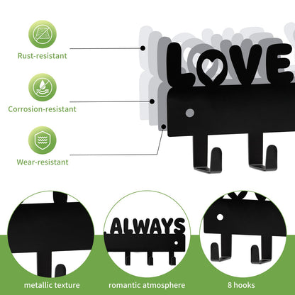 Key Holder Wall Mount & Love You Always Sign Key Holder, Key Hooks with 8 Hooks, Key Holder for Wall Self Adhesive, Key Rack for Wall No Drill for Entryway, Front Door, Hallway, Living Room - Black