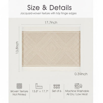 GleeNflux Placemats Set of 6, Fabric Placemats for Dining Table, Woven Polyester Place Mats with Fringe, Machine Washable, Khaki Geometric Table Mats, Modern Table Decor, Housewarming Gift