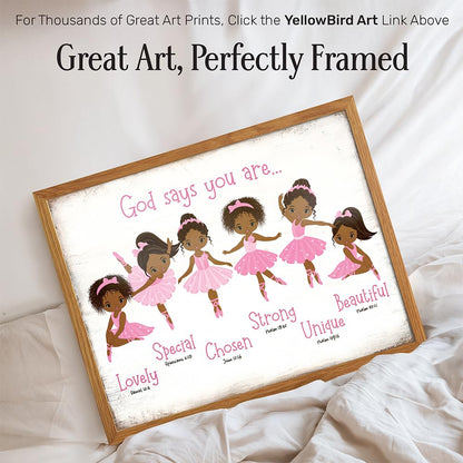 Black Afro African American Girl 11x14 FRAMED - God Says Christian Bible Verses Wall Art, Religious Room Decor, Toddler Little Girls Bedroom Decor, Pink Ballerina Baby Room Decorations, Daughter Gifts