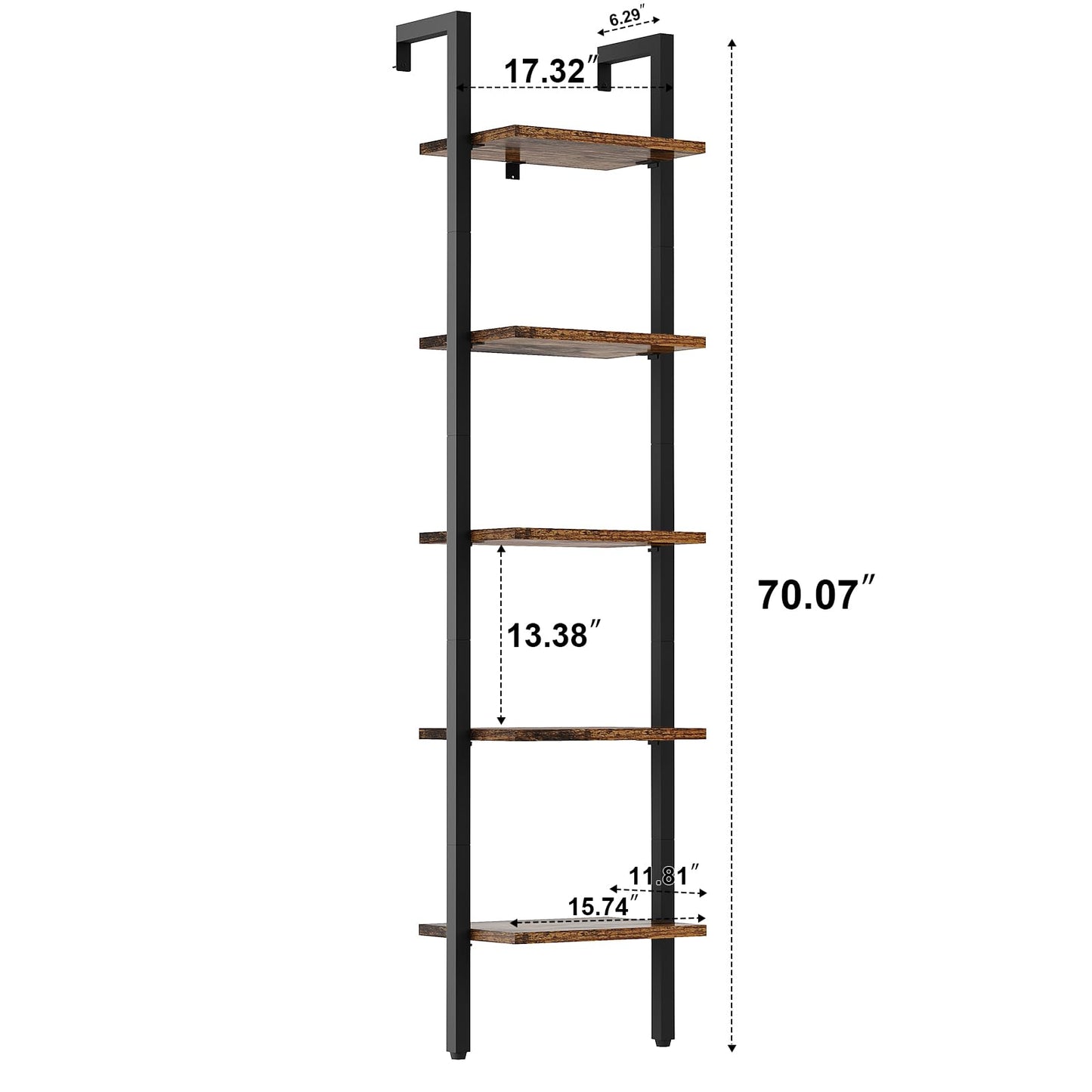 YMYNY 5 Tiers Ladder Bookcase, Industrial Wall Mounted Bookshelf, Open Display Rack with Metal Frame, Wooden Storage Shelves for Bedroom, Home Office, Plant Stand, Rustic Brown, 70*17.3*11.8"UHBC015H