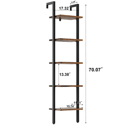 YMYNY 5 Tiers Ladder Bookcase, Industrial Wall Mounted Bookshelf, Open Display Rack with Metal Frame, Wooden Storage Shelves for Bedroom, Home Office, Plant Stand, Rustic Brown, 70*17.3*11.8"UHBC015H