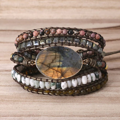 ZOSOJONA Women Wrap Bracelet Boho Natural Jasper Crystal Stone Beads Strand Bracelets (Labradorite)