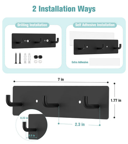 RELBRO Key Holder Wall Mount, Small Metal Self Adhesive Key Rack with 3 Hooks, 2 Installation Options, Black