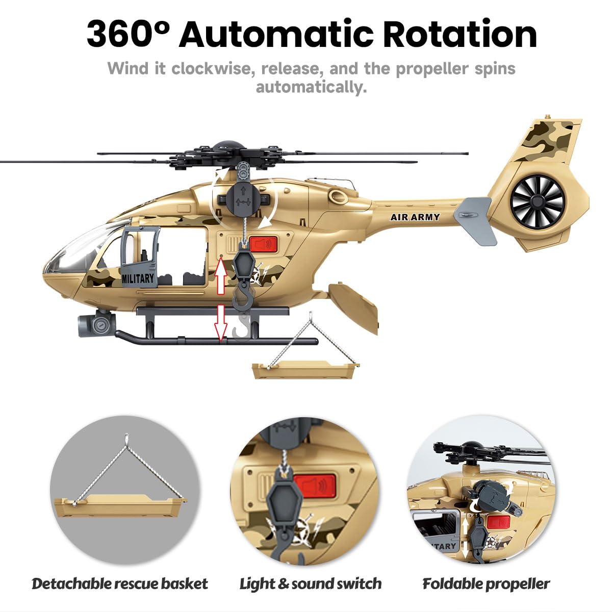 ANJARU Helicopter Toy with Lights and Sound,Simulative Rescue Helicopter Toddler Kids Toys for Kids Aged 3 4 5 6 Pull-Back Propeller Army Toys Toddler Kids Boys Gifts (Military-Helicopter)
