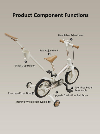 lecoco Upgraded Toddler Bike with Push Handle 6 in 1 for Kids, Balance Bicycle Toys with Training Wheels, Brackes, Cup Holder, Pedal, Kickstand Birthday Gift for Boys and Girls