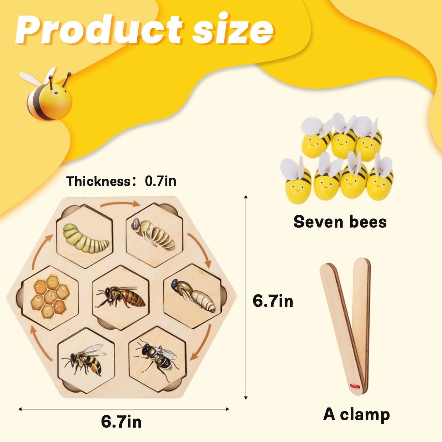 Adena Montessori Wooden Bee Life Cycle Puzzle Toy Set with Tray and Clamp, Animal Life Cycle Educational Activity for 3-6 Year Old Boys & Girls