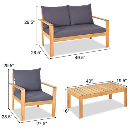 Tangkula Outdoor 4-Piece Acacia Wood Chat Set, 4 Seater Acacia Wood Conversation Sofa and Table Set with Waterproof Furniture Cover, Teak Finished (1, Grey)