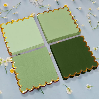 100 pack Green Cocktail Napkins with Gold Foil Accents Scalloped Edges 5 x 5 inch Beverage Disposable Napkin Party Decoration Wedding Bridal and Baby Shower Dinner Lunch Supplies
