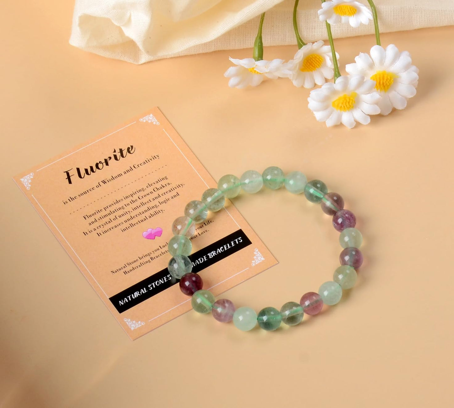AD Beads Handmade Gemstone Stretch Elastic Bracelet Crystal Healing Reiki Nature's Beauty and Spiritual Essence Unisex (10mm, Fluorite)