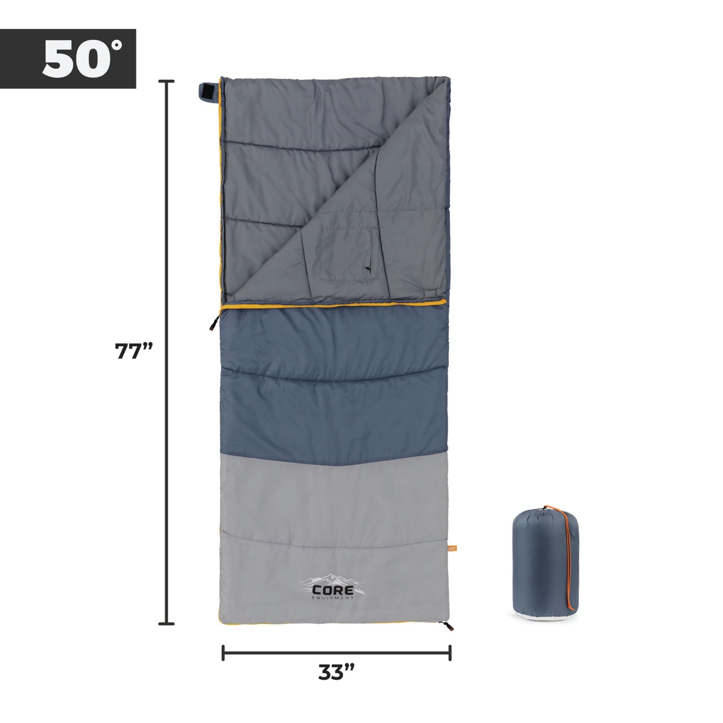 CORE 50 Degree Adult Sleeping Bag | Lightweight & Compact | Perfect for Indoor or Outdoor Use, Camping, Hiking, & Sleepovers | Ideal for Warm 3 Season Weather