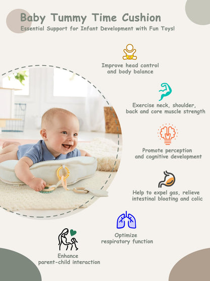 COTTONBEBE Organic Baby Tummy Time Cushion with 2 Detachable Toys for Newborn Babies,Soft Cotton Tummy Time Pillow Promotes Development, Ergonomic Design,Ideal Baby Gift