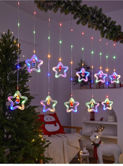 Frethind 100L Christmas Star Curtain Lights with Decorative Ornaments - 10 Star Hanging Loop Lights, 0.4/0.6m Height, 2m Power Cord, Perfect for Christmas Decoration, Suitable for Everyone