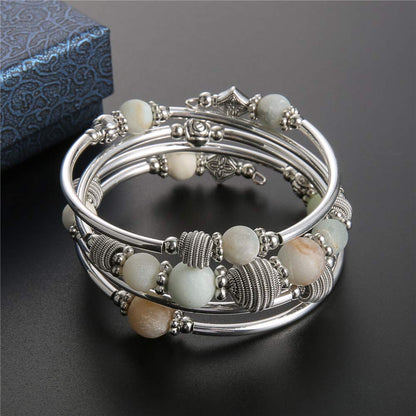 PEARL&CLUB Beaded Chakra Bangle Turquoise Bracelet - Fashion Jewelry Wrap Bracelet with Thick Silver Metal and Mala Beads, Birthday Gifts For Women(Green)