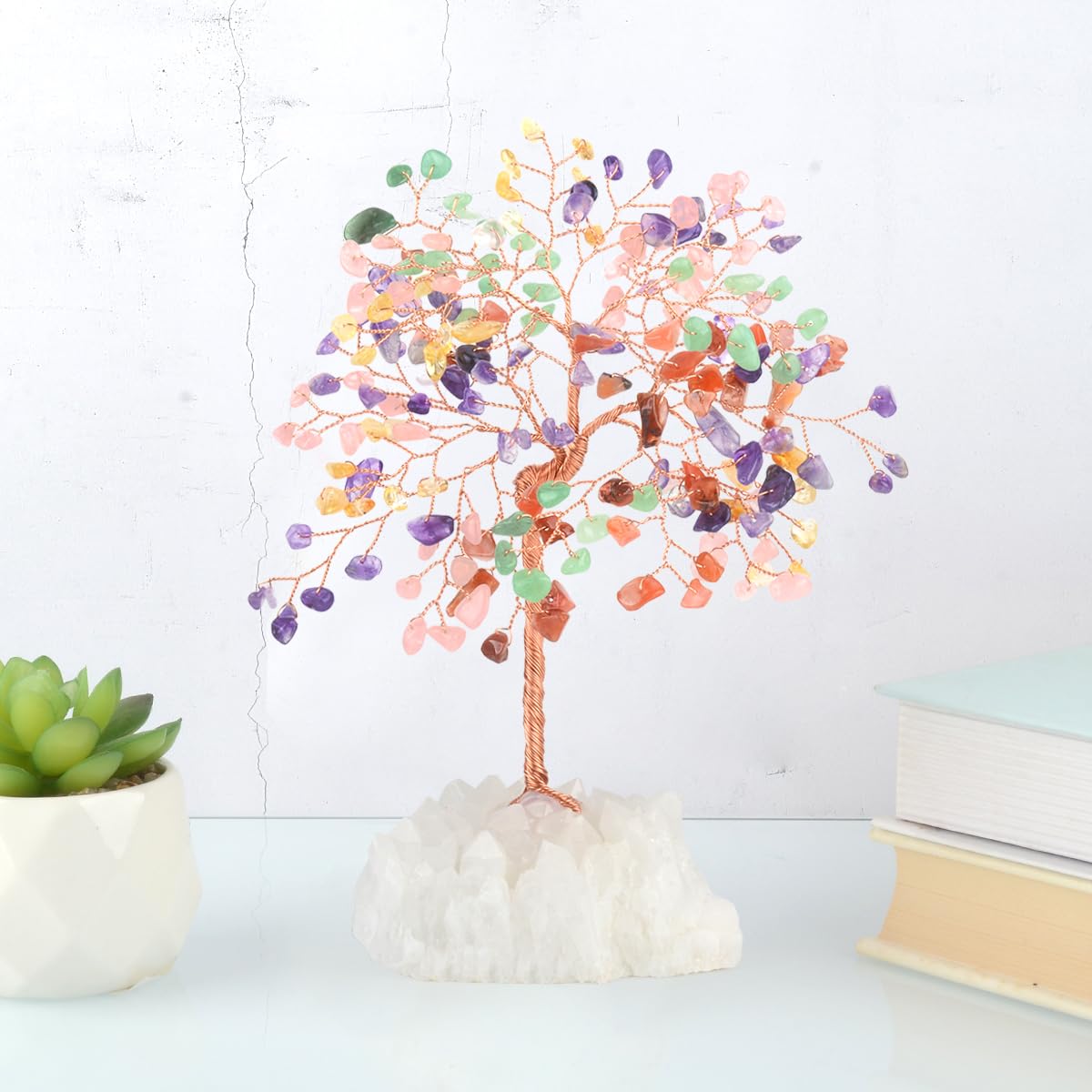 MASGEMES Gemstone Crystal Tree of Life,Quartz Cluster Base,Bonsai Money Tree Feng Shui Decor,Chakra Healing Crystals Positive Enegy-Good Luck Gift 5.5-6.3 Inches