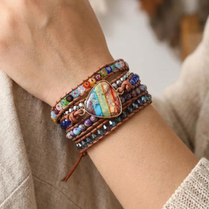 YGLINE Imperial Jasper Chakra Bracelet Wrap Leather Healing Natural Stones Jewelry