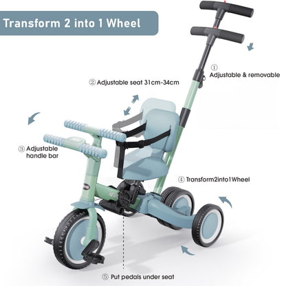 newyoo Toddler Tricycle with Push Handle for 1-3 Year Old, Toddler Bike, Birthday Gifts and Toys for Boys and Girls, 5 in 1 Kids Trike, Convert to Baby Balance Bike, Green, TR007
