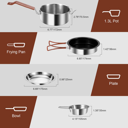 Odoland 10pcs Camping Cookware Stainless Steel Camping Pot and Pan Set with Plate Bowl Fork Knife Spoon for Backpacking, Hiking, Outdoor Cooking and Picnic