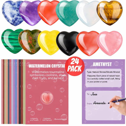 UU UNIHOM 24 Pcs Crystals Heart Healing Stones for Valentines Day Party Gift Crystal Heart Shaped Rocks Gemstones with Greeting Cards for Meditation Balancing Chakra Reiki Spiritual Christmas Gifts