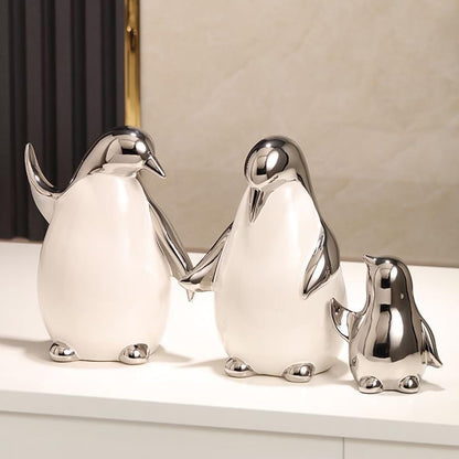 Tuioyoc Set of 3 Ceramic Statues Aesthetic Abstract Penguins Sculpture Cute Modern Home Decor Decorative Statue for Living Room, Bedroom, Office, Table Centerpiece (White Silver)